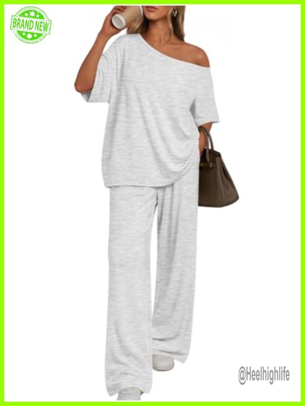 Rayon Spandex 2 Piece Lounge Set Off-Shoulder Top Wide-Leg Pants